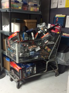 A Columbus man is accused of pushing this cart, loaded with $3,1000 worth of merchandise, out of the doors of a Whitfield Drive store Monday.