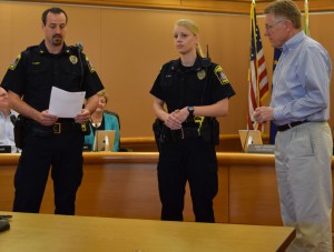 CPD Chief Jon Rhode, Officer Alyson Rech and Mayor Jim Lienhoop; Photo courtesy of CPD.