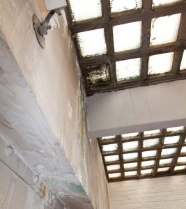 Leaking skylights inside of First Christian Church; photo courtesy of Heritage Fund